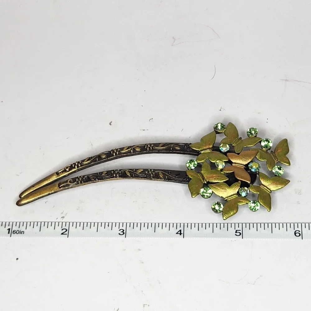 VTG Bronze Jeweled Floral Butterfly haircomb Pin Green Gild Glam Retro Victorian